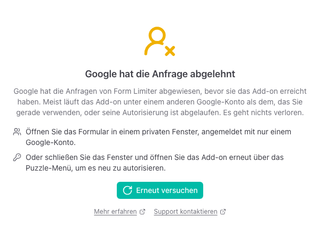Das Fenster mit „Google hat die Anfrage abgelehnt“ und zwei Lösungsvorschlägen