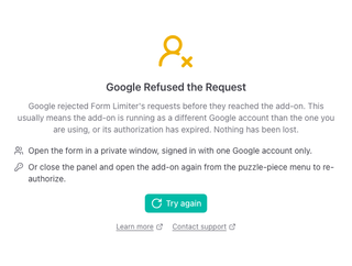 The panel showing Google Refused the Request, with two things to try