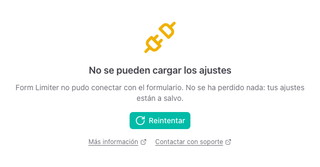 El panel con "No se pueden cargar los ajustes" y el botón Reintentar