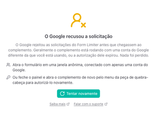 O painel "O Google recusou a solicitação" com duas coisas para tentar