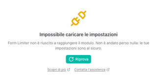Il pannello "Impossibile caricare le impostazioni" con il pulsante Riprova