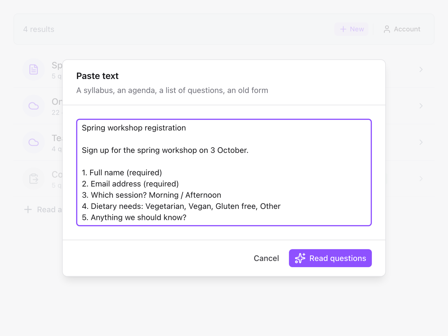 Der Dialog Text einfügen mit einem Text zur Workshop-Anmeldung