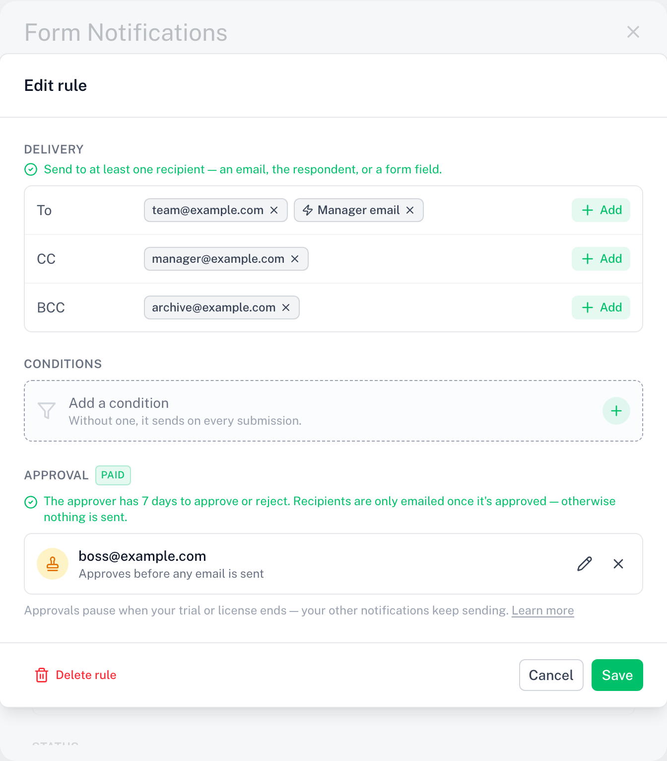 The rule editor — recipients, conditions, and the Approval section