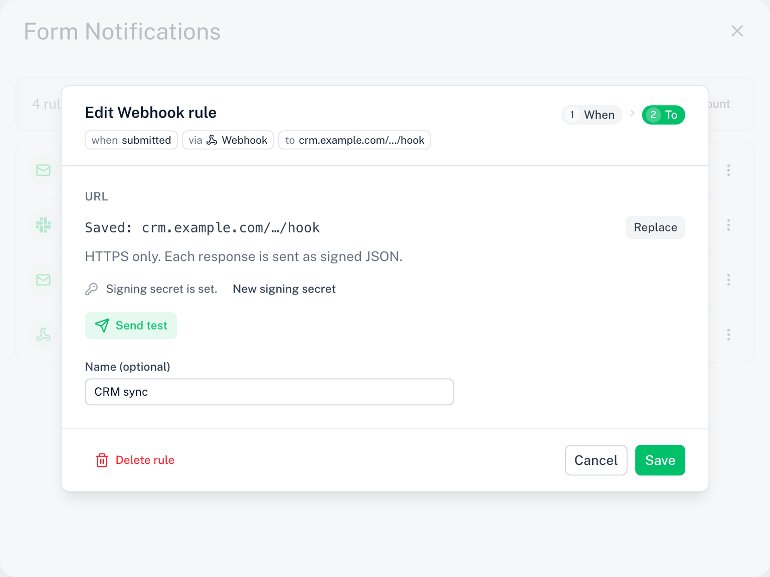 Eine Webhook-Regel bearbeiten: die Zeile zum Signaturgeheimnis und Test senden