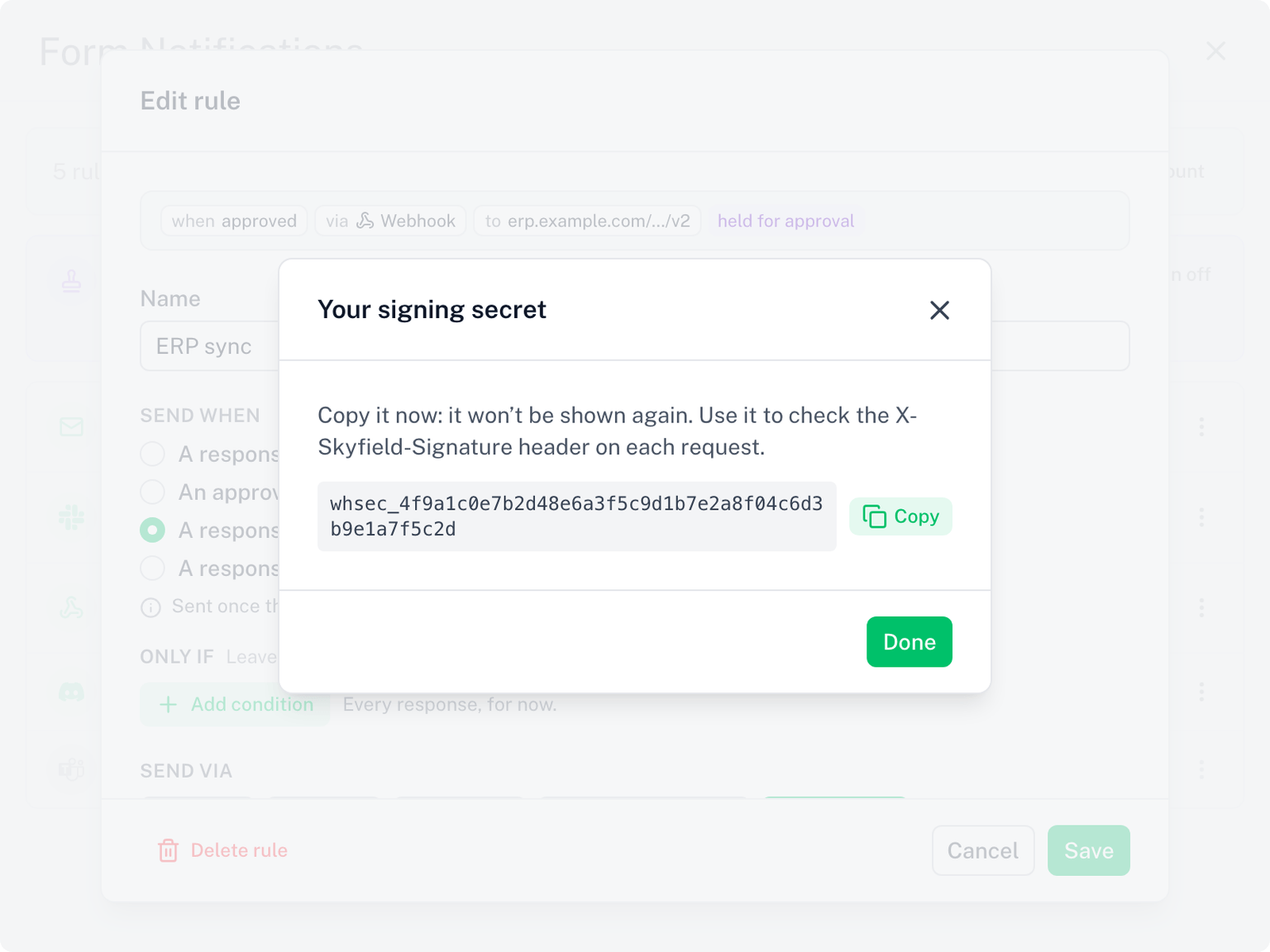 Das Signaturgeheimnis, einmalig nach dem Speichern einer Webhook-Regel angezeigt